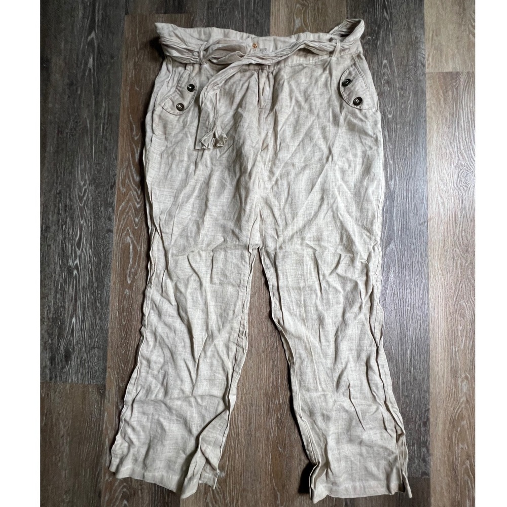 Elan Wide Leg Pants Womens L Beige 100% Ramie Tie Waist Button Detail LL200